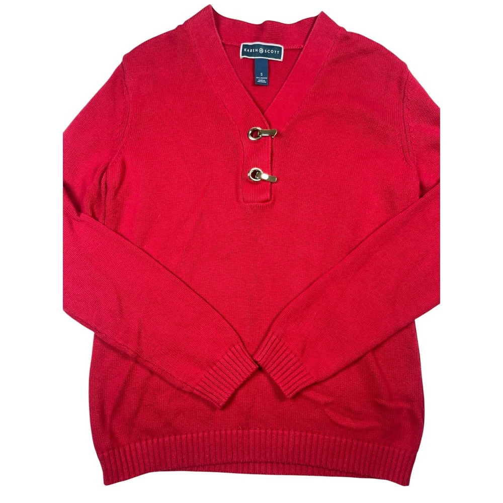 Karen Scott Sweater Women Small Red Cotton Knit Henley Neck Long Sleeve Pullover